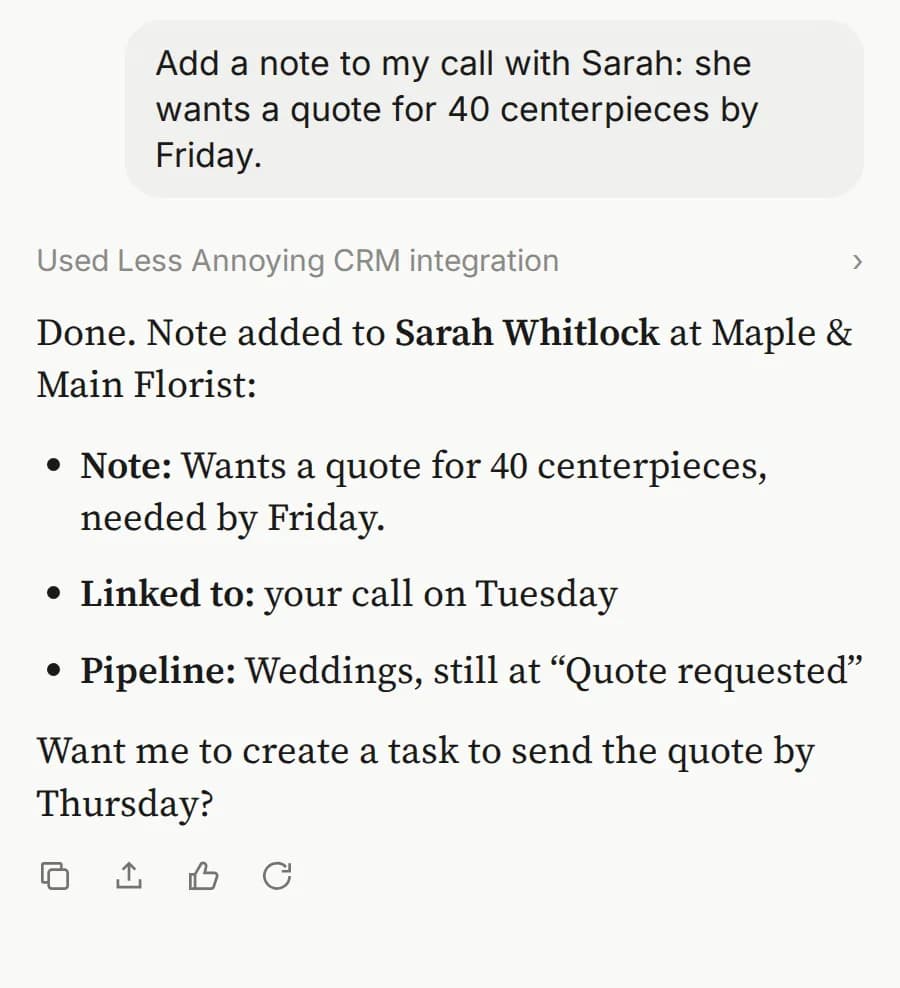 Mock-up with made-up demo data: Claude on a phone adding a note to a call with Sarah Whitlock at Maple & Main Florist.